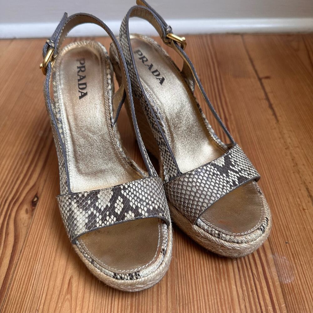 Prada Woven Espadrille Wedge Sandals in Taupe Snake Print - Picture 6 of 9